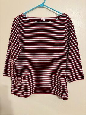 J.Jill L Red Black White Striped Knit Top 3/4 Sleeve Pockets